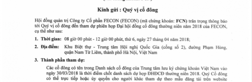 CBTT: Thông báo mời họp và tài liệu ĐHĐCĐ thường niên 2018